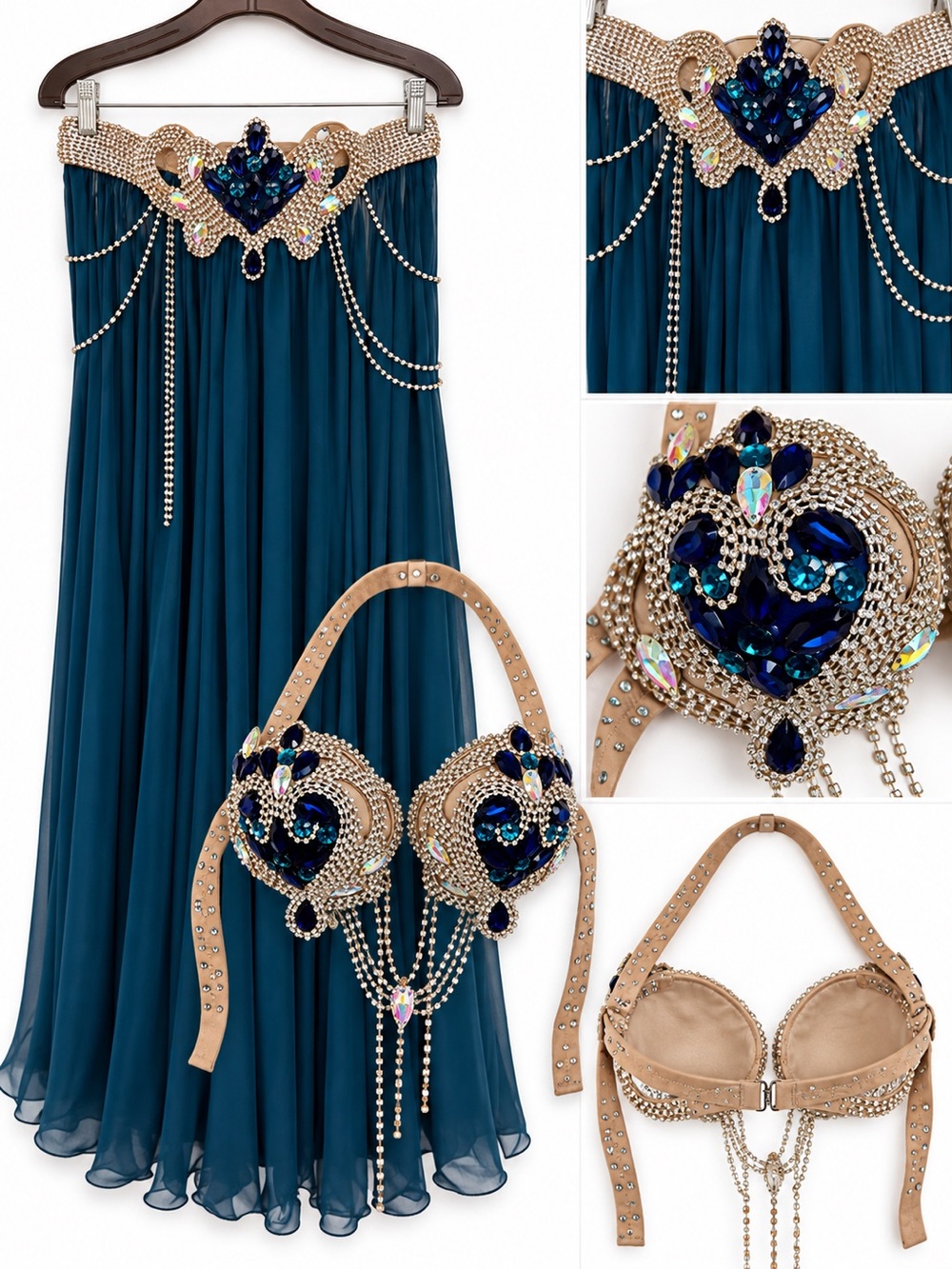Egyptian Belly Dance Costume Bra & Skirt Teal Blue Homemade